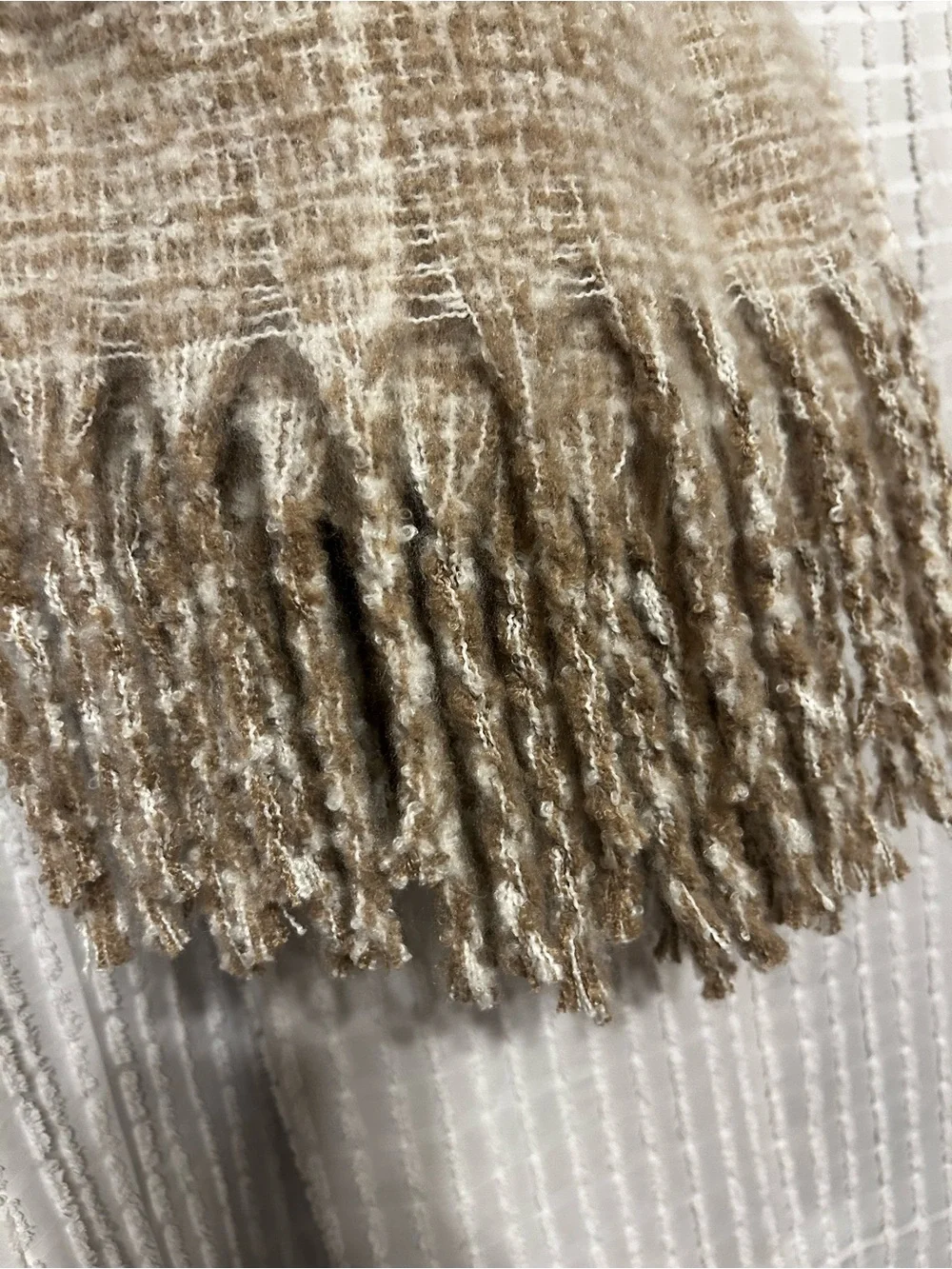 Tan Plaid Throw Blanket with Fringe